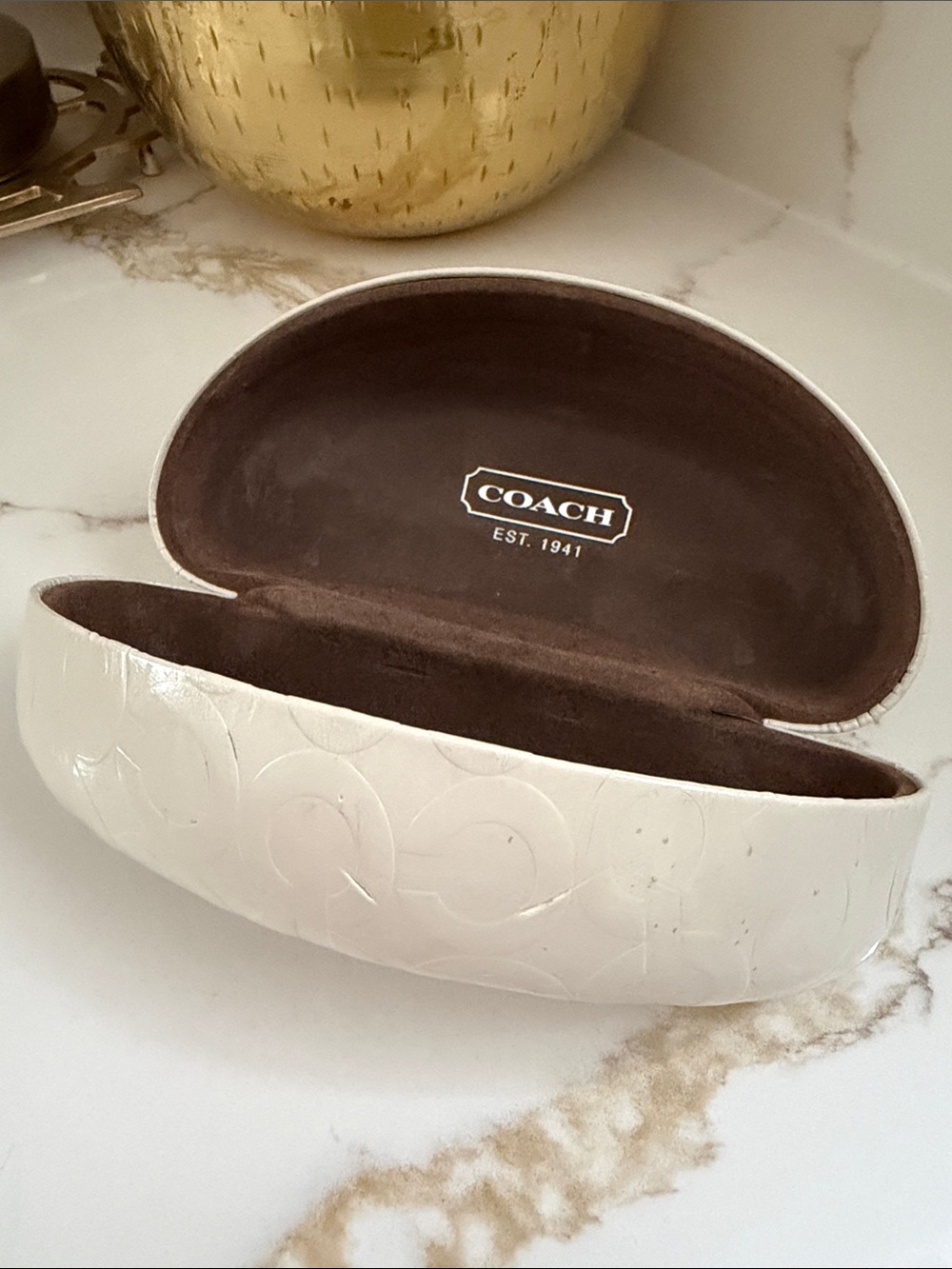 Coach White Embossed Clamshell Sunglasses Case